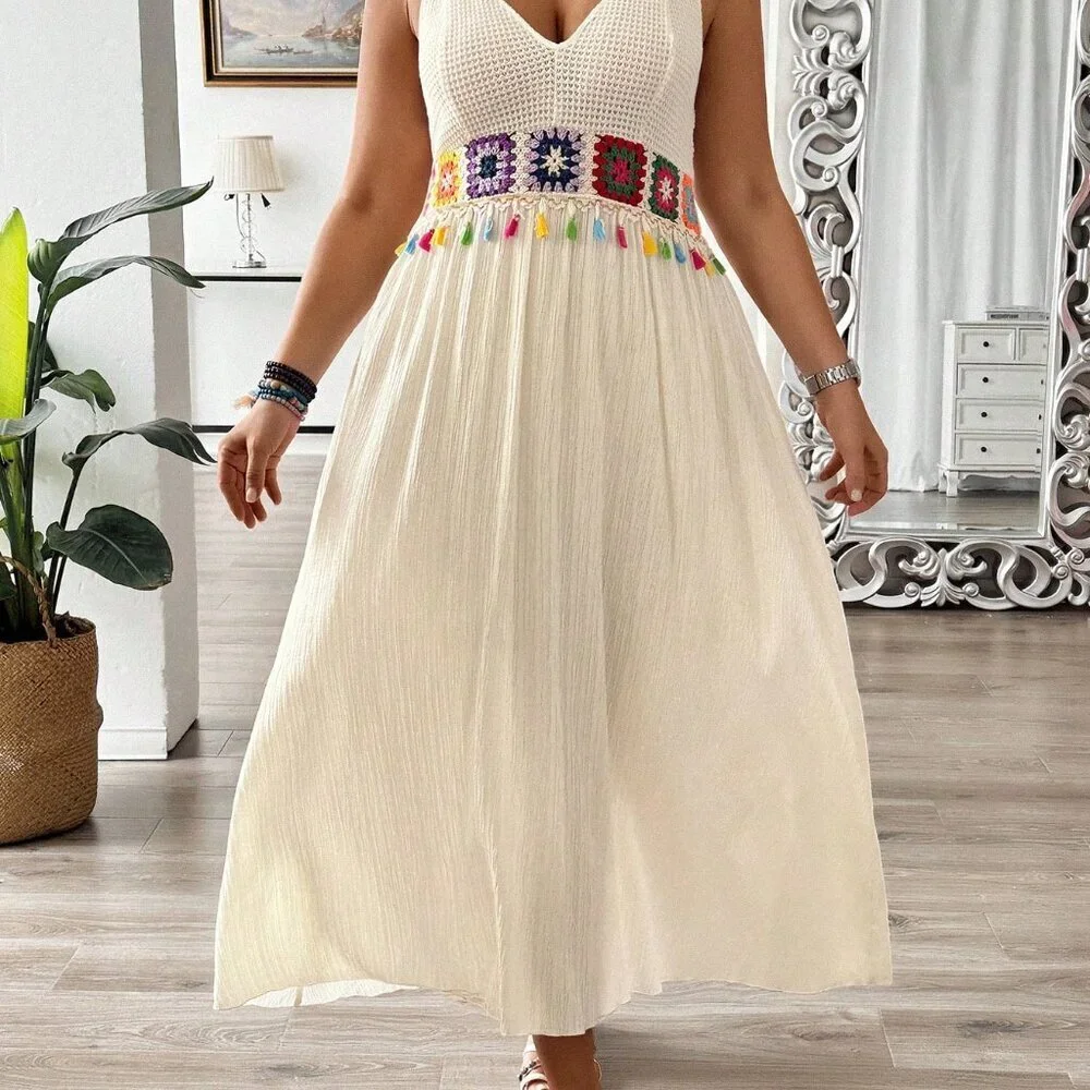 Apricot Boho Women's Plus Size V-Neck Knitted Embroidered Sleeveless Dress - Picture 5 of 6